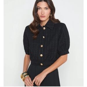 L'AGENCE Black Tweed Short-Sleeve Button Jacket with Gold Buttons